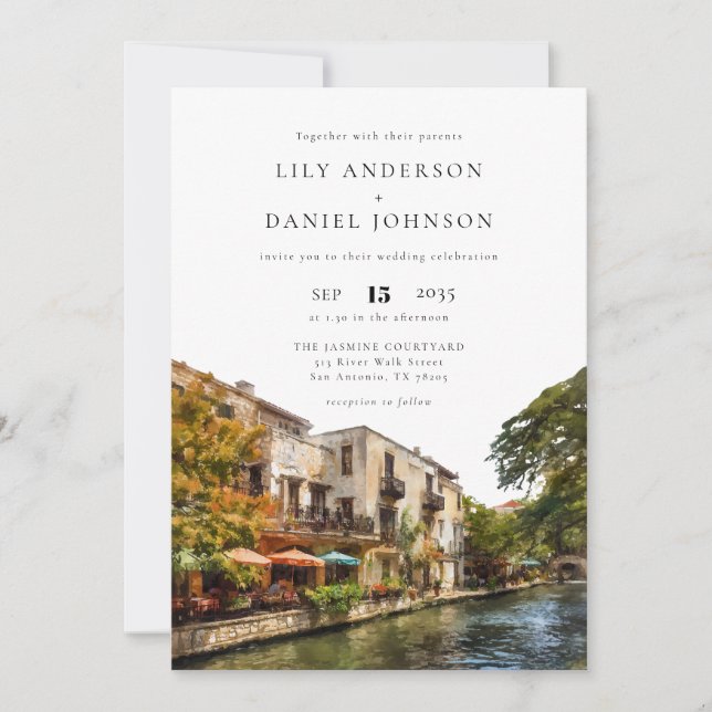 San Antonio Watercolor QR Code Wedding Invitation (Front)