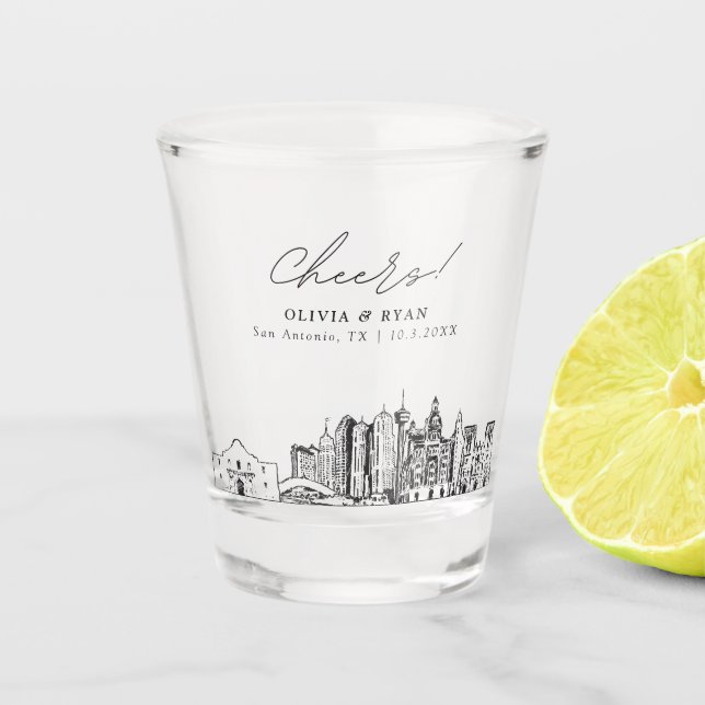San Antonio Wedding Favour Personalized Cheers Shot Glass (Front)