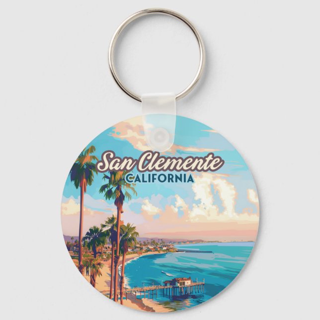 San Clemente California Beach Orange County Retro Keychain (Front)