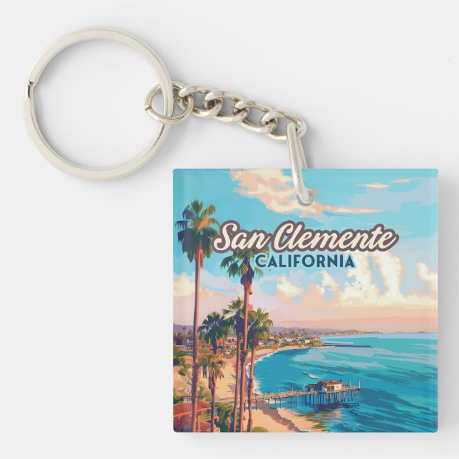 San Clemente California Beach Orange County Retro Keychain (Front)