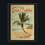 San Cristobal Palm Tree Vintage Travel Postcard<br><div class="desc">A uniquely retro mid-century modern San Cristobal Dominican Republic art print in vintage travel poster style. It features a curved palm tree on sandy beach with ocean under a blue cloudy sky.</div>