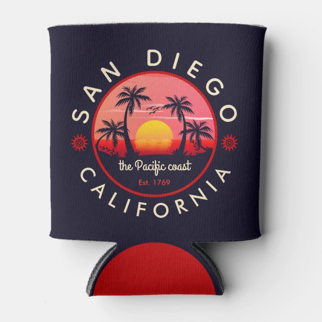 San Diego Beach California Retro Sunset Souvenir Can Cooler (Front)