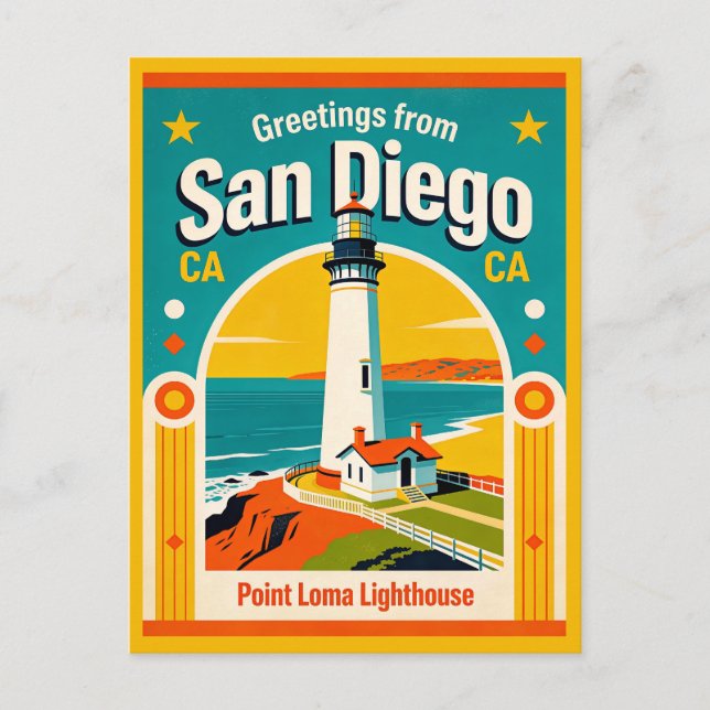 San Diego CA Point Loma Lighthouse Retro Postcard (Front)