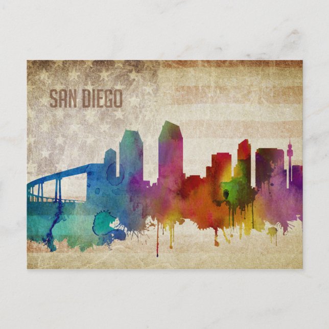 San Diego, CA | Watercolor City Skyline Postcard (Front)