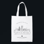 San Diego, Cali  Wedding | Stylized Skyline Reusable Grocery Bag<br><div class="desc">A unique wedding bag for a wedding taking place in the beautiful city of San Diego,  Cali.  This bag features a stylized illustration of the city's unique skyline with its name underneath.  This is followed by your wedding day information in a matching open lined style.</div>