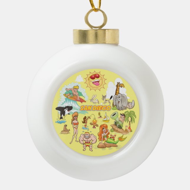 San Diego California Cartoon Ceramic Ball Christmas Ornament (Front)