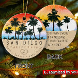 San Diego California Retro Sunset Palm tree 60s Ceramic Ornament<br><div class="desc">San Diego retro beach design for vacation. San Diego California Cities Vintage souvenir for travel to California Beach Towns. San Diego beach artwork for California vacationers and backpackers. San Diego retro souvenir. Design for backpackers and travel to California . Beach with Vintage souvenir for seaside vacationers. - You can personalize...</div>