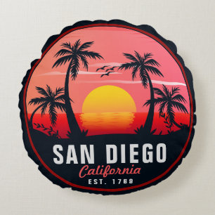 San Diego California Retro Sunset Souvenirs 60s Round Pillow