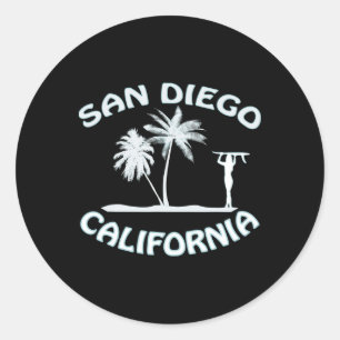 San Diego California Retro Surfing Beach Surf Girl Classic Round Sticker