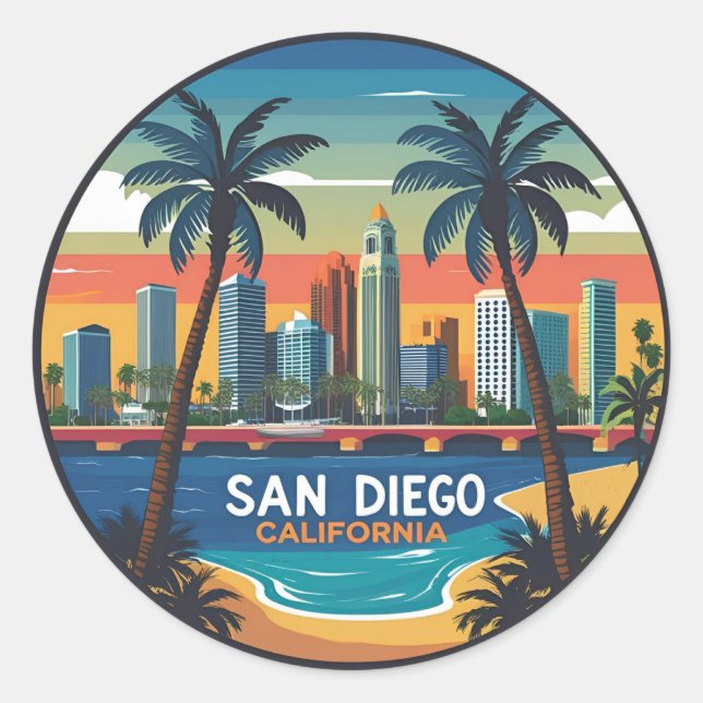 San Diego California Skyline Classic Round Sticker (Front)