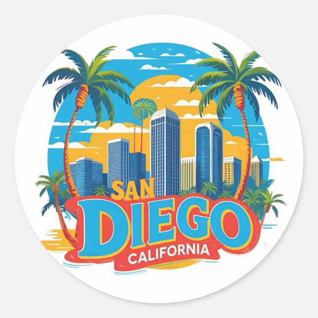 San Diego California Skyline–Modern Cityscape Art Classic Round Sticker (Front)