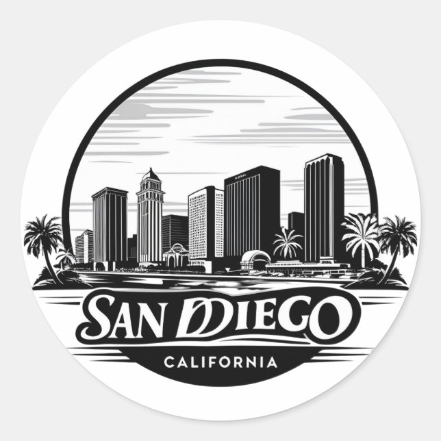 San Diego California Skyline–Modern Cityscape Art Classic Round Sticker (Front)