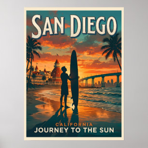 San Diego California Sunset Surf Travel Poster