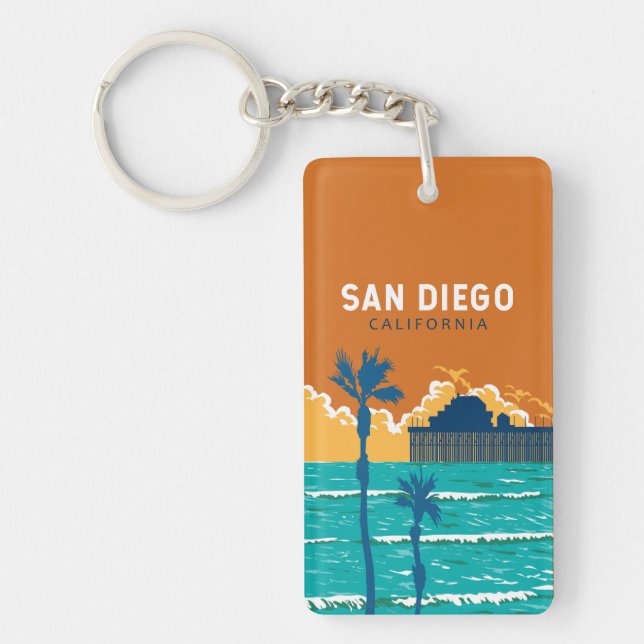 San Diego California Travel Art Vintage Keychain (Front)