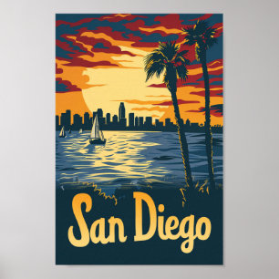 San Diego California Vintage Travel Illustration Poster