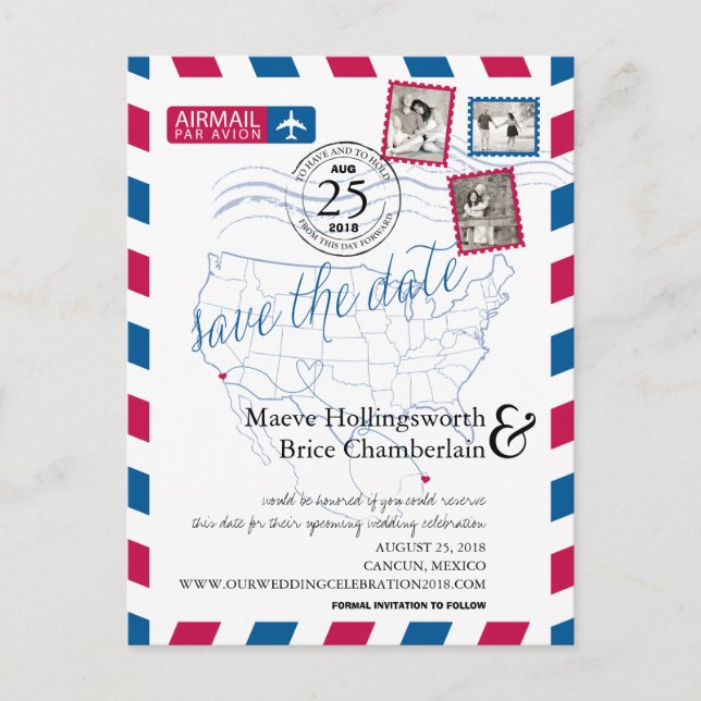 San Diego Cancun Airmail Save The Date Announcement Postcard (Front)