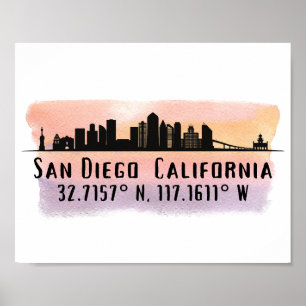 San Diego City Skyline Latitude and Longitude Poster
