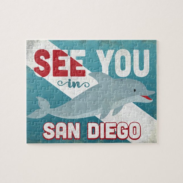 San Diego Dolphin - Retro Vintage Travel Jigsaw Puzzle (Horizontal)