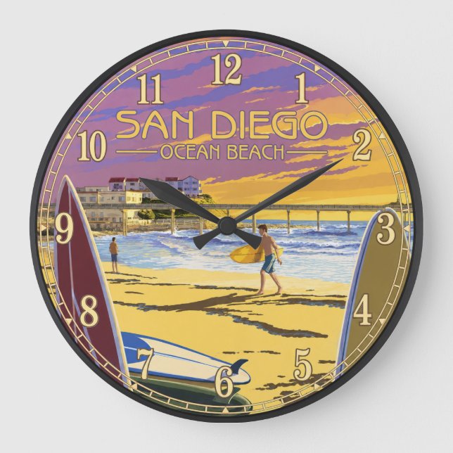 San Diego Ocean Beach Sunset Surf  Large Clock (Front)