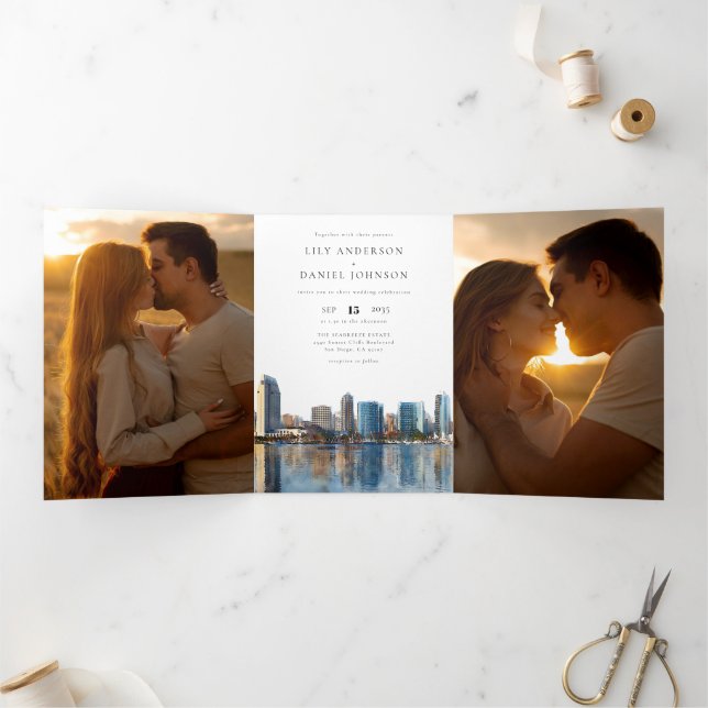 San Diego Skyline QR Code 3 Photo Wedding Tri-Fold Invitation (Inside)