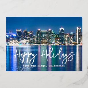San Diego Skyline Silver Custom Family Photo Foil Holiday Card
