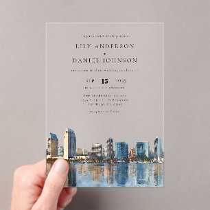 San Diego Skyline Watercolor Destination Wedding Acrylic Invitations