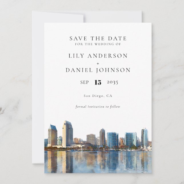 San Diego Skyline Watercolor Destination Wedding Save The Date (Front)