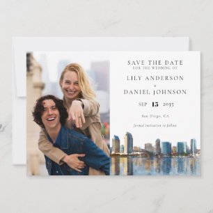 San Diego Skyline Watercolor Photo Wedding Save The Date