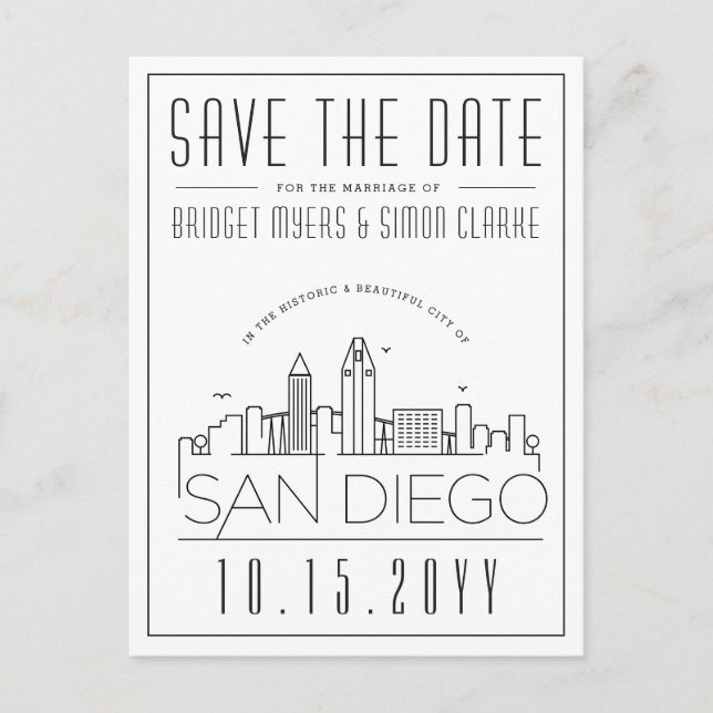 San Diego | Stylized Skyline Save the Date Postcard (Front)