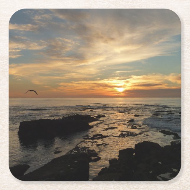San Diego Sunset I California Seascape Square Paper Coaster (Front)