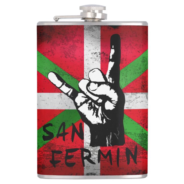 San Fermin rock fingers bulls head and Ikurrina, Hip Flask (Front)