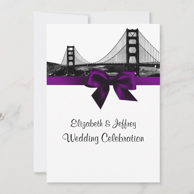 San Fran Skyline Etched BW Purple Wedding Invitation (Front)