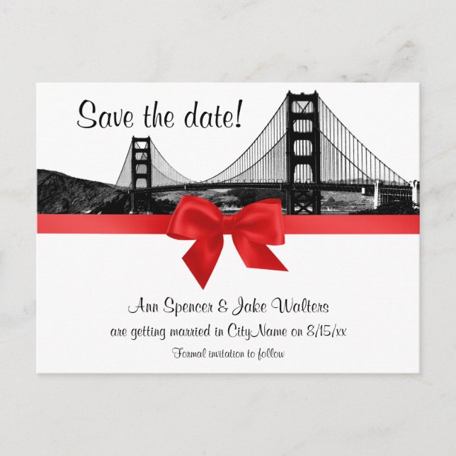 San Fran Skyline Etched BW Red Save the Date Announcement Postcard (Front)