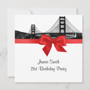 San Fran Skyline Etched BW Red SQ Birthday Party Invitation