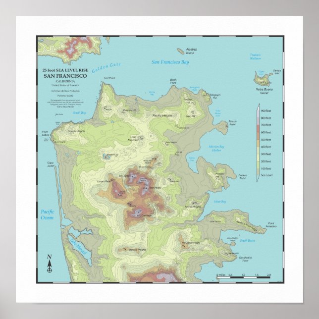 San Francisco 25ft Sea Rise Map - 16x16 Poster (Front)