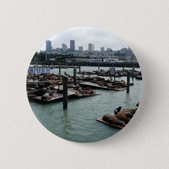 San Francisco and Pier 39 Sea Lions City Skyline 2 Inch Round Button (Front)
