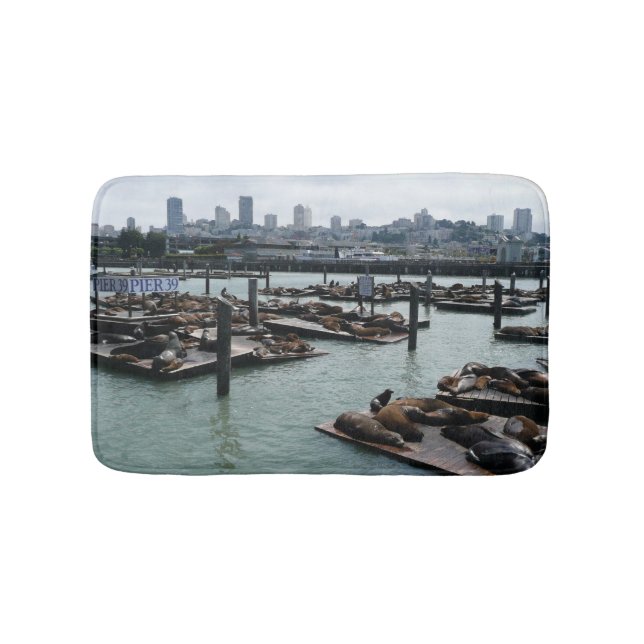 San Francisco and Pier 39 Sea Lions City Skyline Bath Mat (Front)