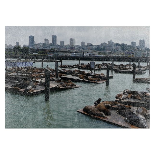 San Francisco and Pier 39 Sea Lions City Skyline Cutting Board (Front)