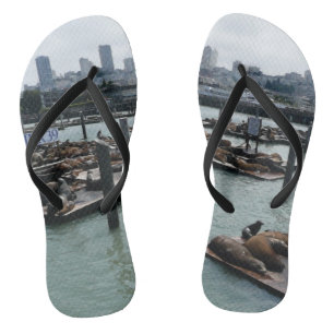 San Francisco and Pier 39 Sea Lions City Skyline Flip Flops