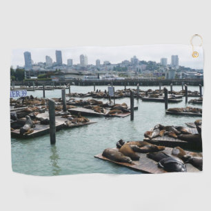 San Francisco and Pier 39 Sea Lions City Skyline Golf Towel