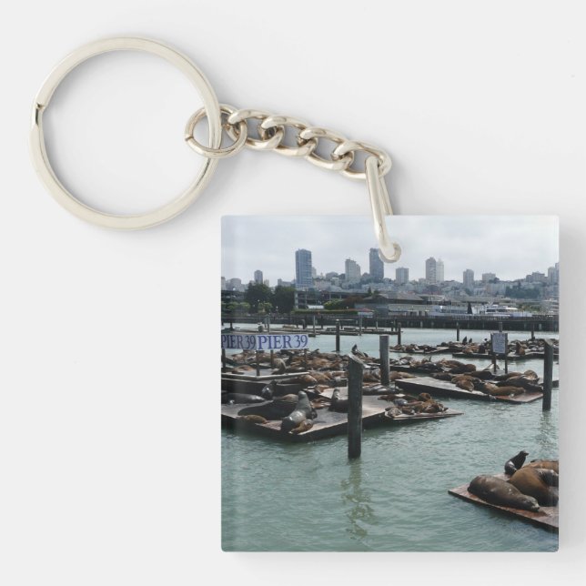 San Francisco and Pier 39 Sea Lions City Skyline Keychain (Front)
