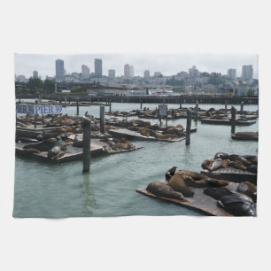 San Francisco and Pier 39 Sea Lions City Skyline Kitchen Towel