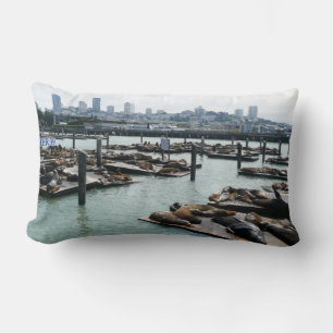 San Francisco and Pier 39 Sea Lions City Skyline Lumbar Pillow