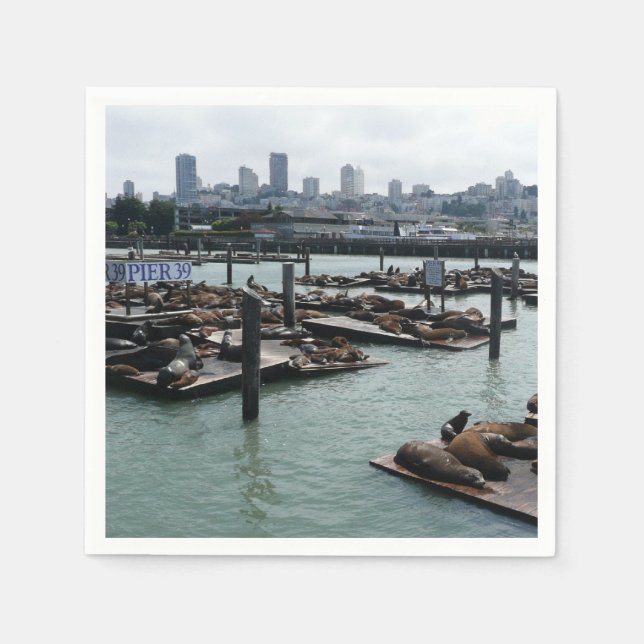 San Francisco and Pier 39 Sea Lions City Skyline Napkin (Front)