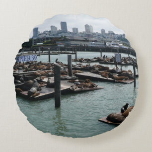 San Francisco and Pier 39 Sea Lions City Skyline Round Pillow