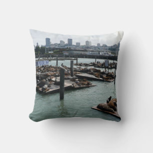 San Francisco and Pier 39 Sea Lions City Skyline Throw Pillow