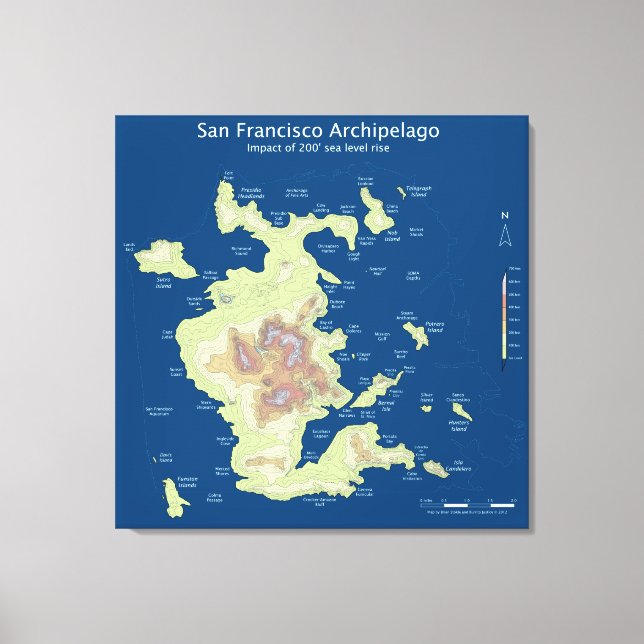 San Francisco Archipelago, 200' sea level rise 32" Canvas Print (Front)