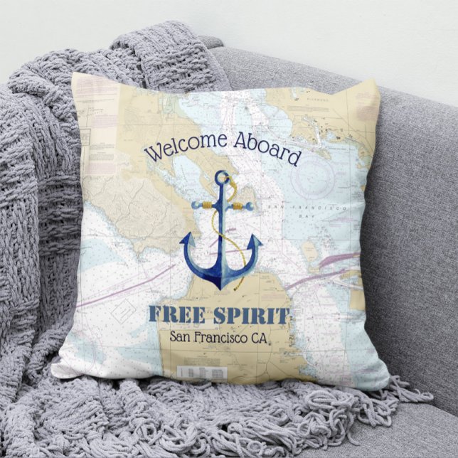San Francisco Boat Name & Anchor Welcome Aboard Outdoor Pillow (Creator Uploaded)