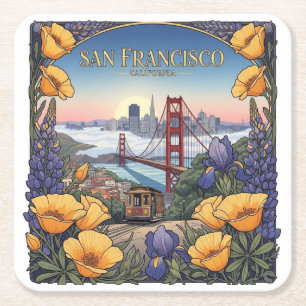 San Francisco Cable Car Postcard Square Paper Coaster
