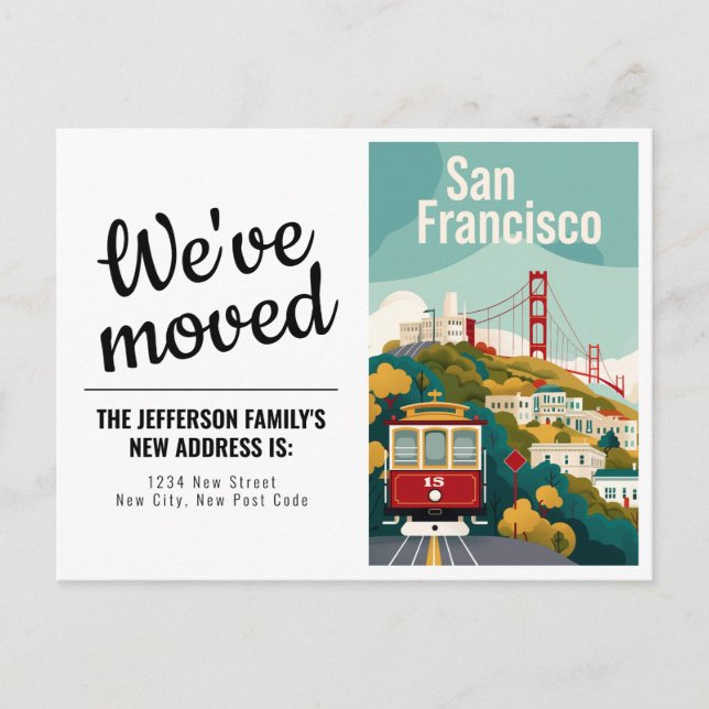 San Francisco California - Cable Car We've Moved Postcard (Front)